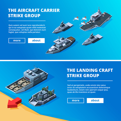 Banners with military boats. Vector pictures of warships. Military boat transportation, navy vessel illustration