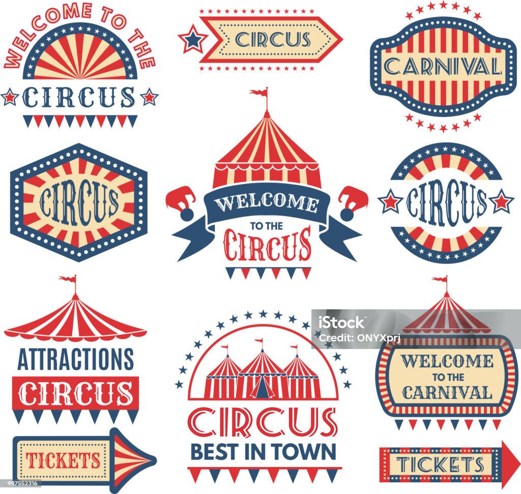 Plantilla de logotipos de evento de carnaval. Insignias de vector conjunto aislante - arte vectorial de Circo libre de derechos