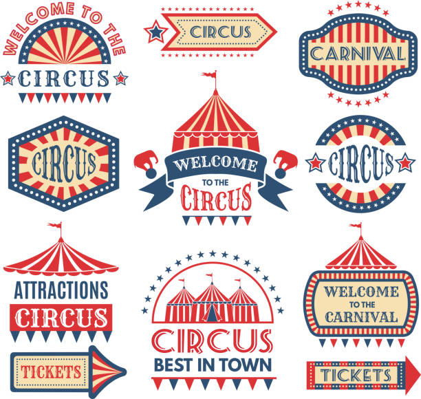 ilustraciones, imágenes clip art, dibujos animados e iconos de stock de plantilla de logotipos de evento de carnaval. insignias de vector conjunto aislante - circo
