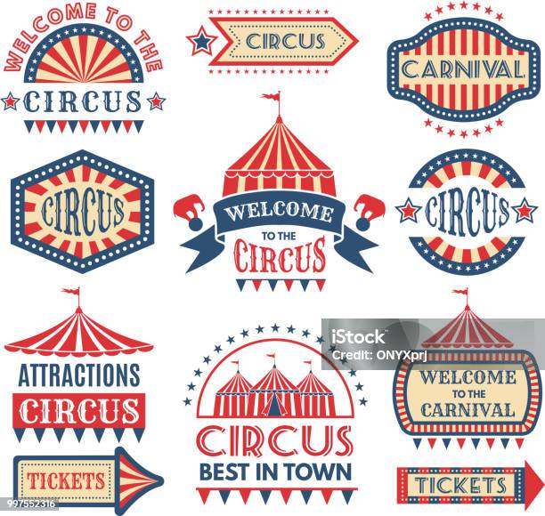 Ilustración de Plantilla De Logotipos De Evento De Carnaval Insignias De Vector Conjunto Aislante y más Vectores Libres de Derechos de Circo