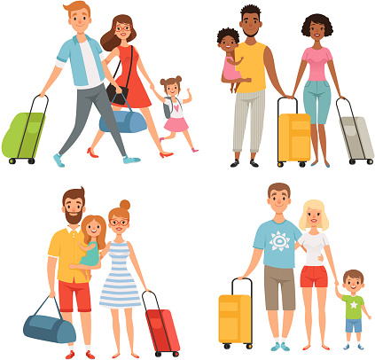 Various characters of happy family at summer travelling. Happy people with suitcase and bag illustration