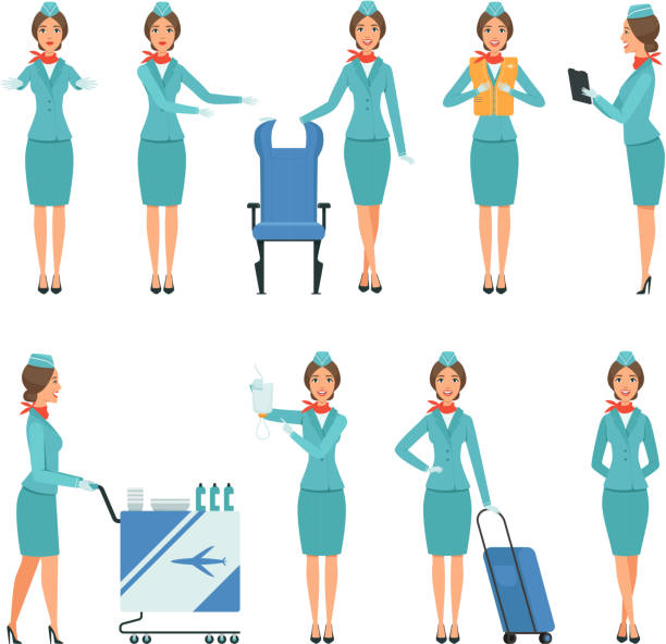 Stewardess characters. Various mascots in action poses. Airport and flight workers Stewardess characters. Various mascots in action poses. Airport and flight workers. Flight airline hostess, attendant in uniform service, vector illustration air stewardess stock illustrations