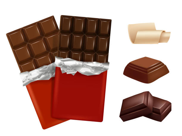 ilustraciones, imágenes clip art, dibujos animados e iconos de stock de chocolate blanco y oscuro. fotos vector de diferentes piezas de chocolate - brown chocolate candy bar close up