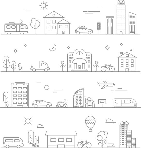 Urban traffic. Linear transportation symbols isolate Urban traffic. Linear transportation symbols isolate. City road and transport, cityscape outline, vector illustration cityscape drawings stock illustrations