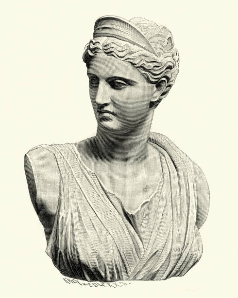 Vintage engraving of Artemis, In the classical period of Greek mythology, Artemis was often described as the daughter of Zeus and Leto, and the twin sister of Apollo. She was the Hellenic goddess of the hunt, wild animals, wilderness, childbirth, virginity and protector of young girls