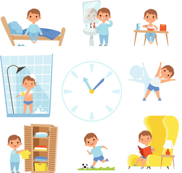 illustrazioni stock, clip art, cartoni animati e icone di tendenza di routine quotidiana. bambini che fanno vari casi in tutto il giorno - wake