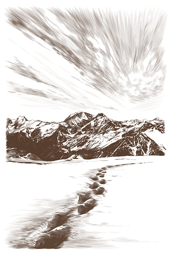 landscape postcard depicting snowy mountain peaks at sunset, human footprints in the snow in the foreground going off into the distance, sketch vector graphics monochrome illustration