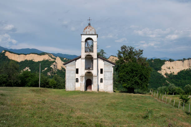 Bulgaria, Melnik, Old Church Bulgaria, Melnik, abandoned church with bell tower and landscape with rock formations blagoevgrad province photos stock pictures, royalty-free photos & images