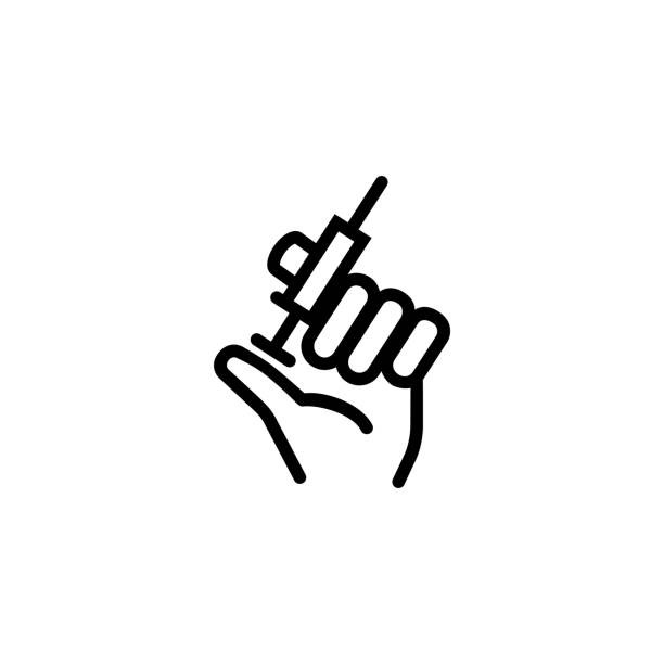рука, держащая значок линии шприца - syringe vaccination human hand medical procedure stock illustrations