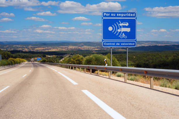 Warning radar sign in spanish highway.