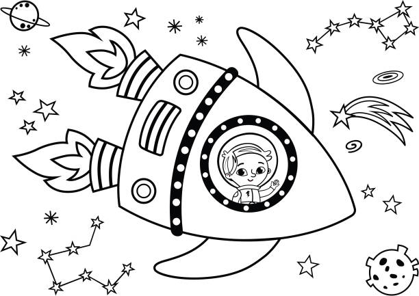 czarno-biały astronauta, który podróżuje w kosmosie. - illustration and painting black drawing clip art stock illustrations