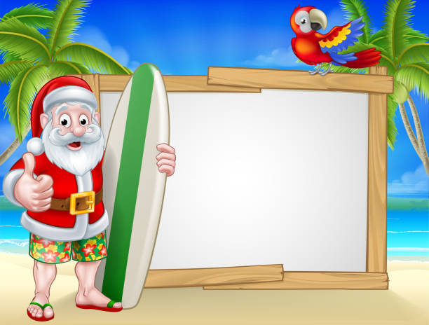ilustrações, clipart, desenhos animados e ícones de plano de fundo tropical praia de santa - beach sunlight surfboard santa claus