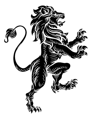 A lion standing rampant on its hind legs from a medieval coat of arms or heraldic crest