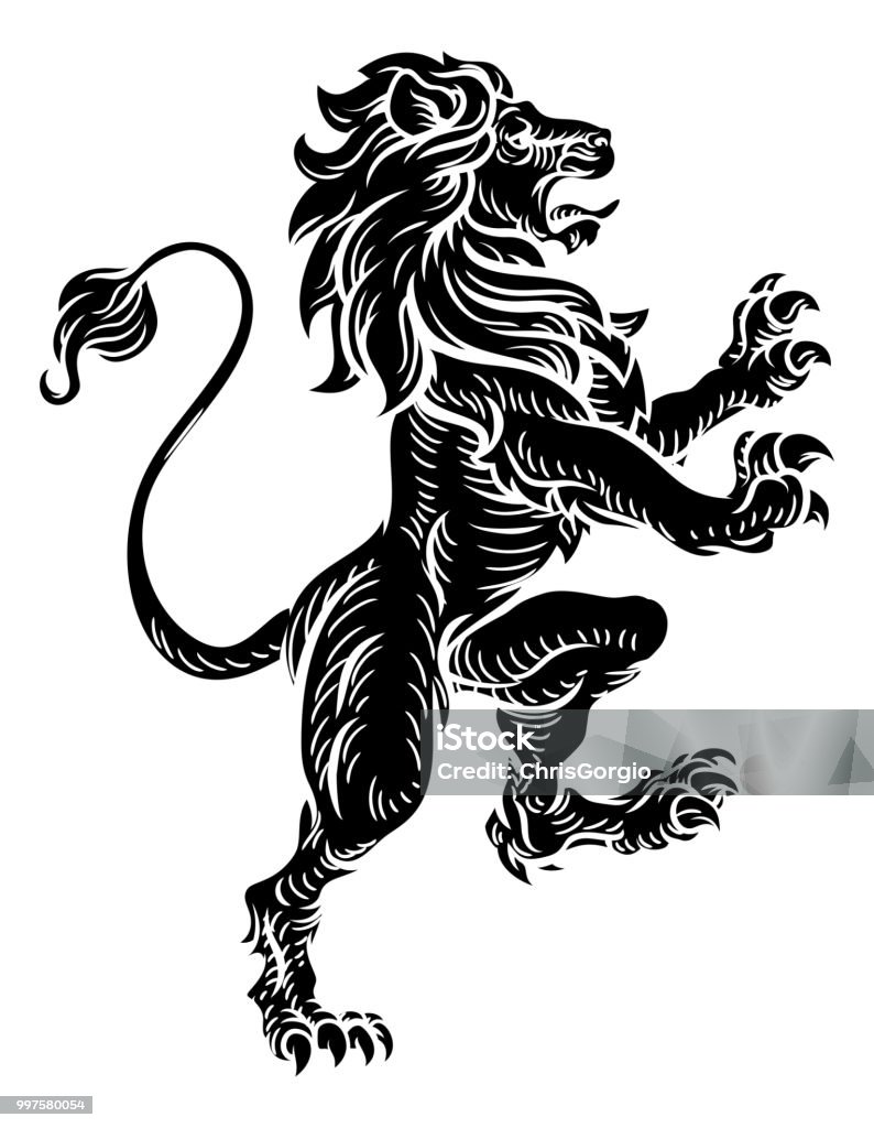 Heraldic Lion Standing Rampant On Hind Legs A lion standing rampant on its hind legs from a medieval coat of arms or heraldic crest Lion - Feline stock vector