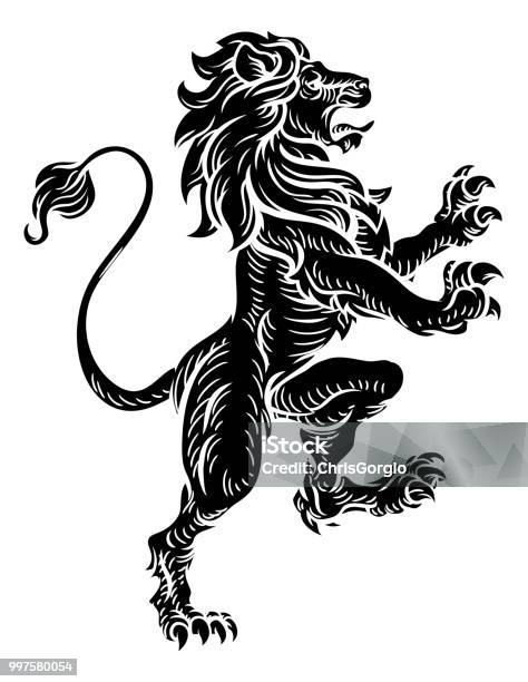 Heraldic Lion Standing Rampant On Hind Legs Stock Illustration - Download Image Now - Lion - Feline, Coat Of Arms, Illustration