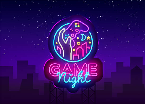 ゲームの夜ネオンサイン ベクトルのロゴのデザイン テンプレート。ネオンのスタイル、ゲームパッドの手、ビデオ ゲームの概念、現代傾向のゲームの夜ロゴ デザイン、光のバナー、明るい - electronic billboard点のイラスト素材／クリップアート素材／マンガ素材／アイコン素材