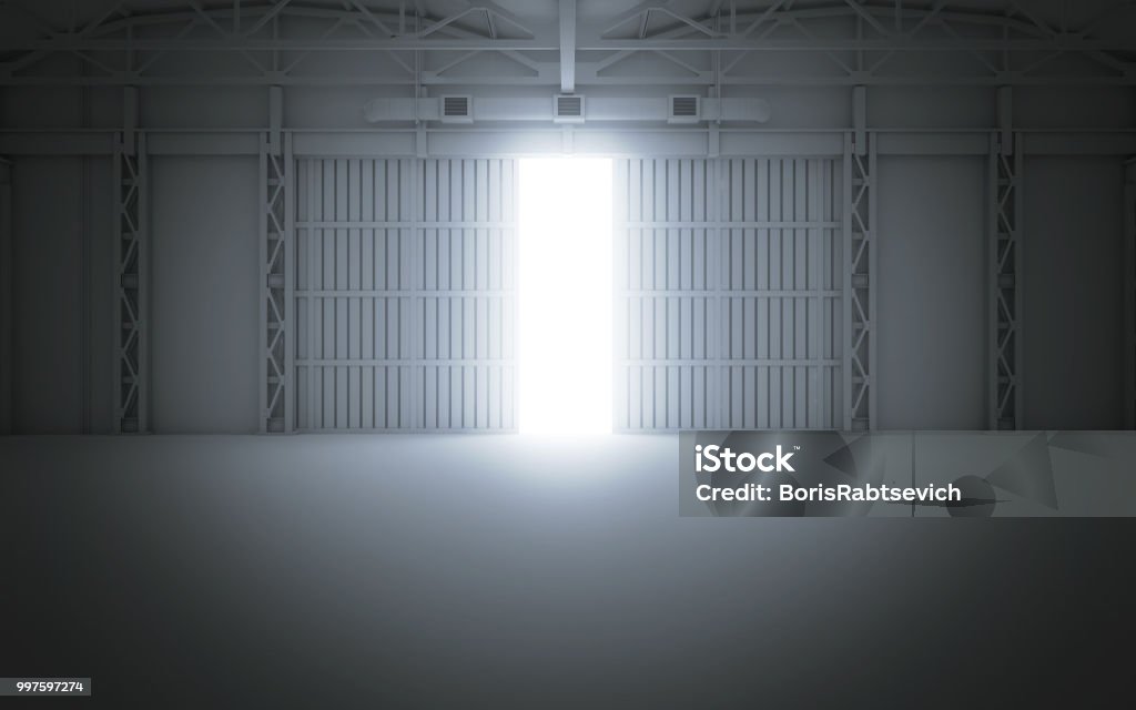 Luz brillante a través de puertas de hangar abierto. Render 3D - Foto de stock de Puerta - Entrada libre de derechos