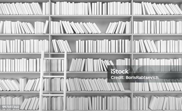 White Bookshelf With Books3d Rendering Stock Photo - Download Image Now - Library, White Color, Book