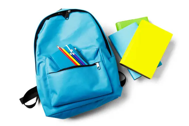 Photo of Backpack with school supplies, isolated on white