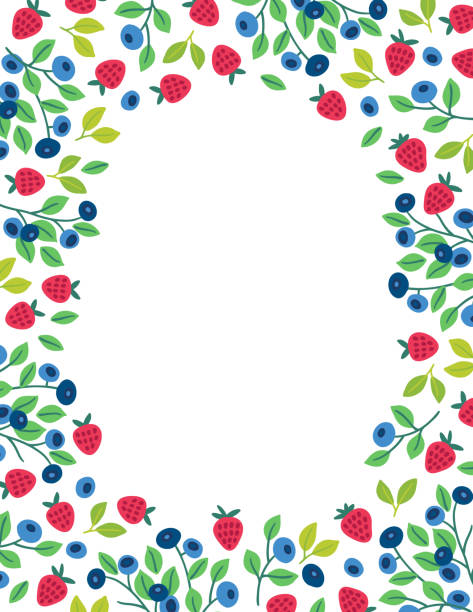kartka z życzeniami z jagodami i dziką truskawką na białym tle - berry fruit blueberry floral pattern strawberry stock illustrations