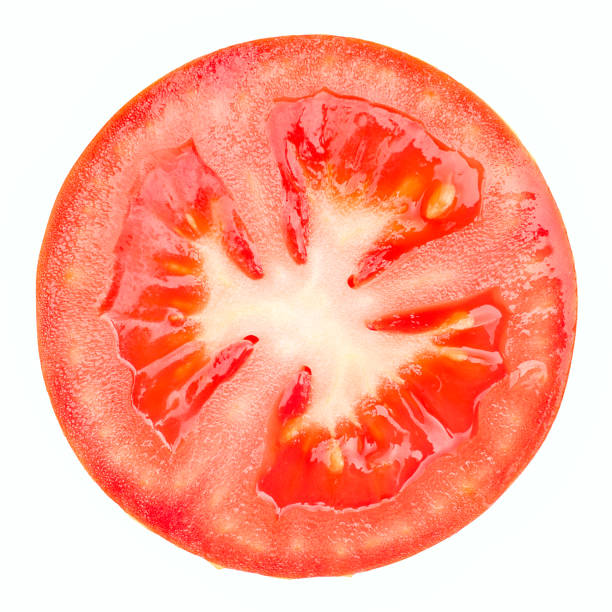 istock Red tomato slice, clipping path, isolated on white background 997605038