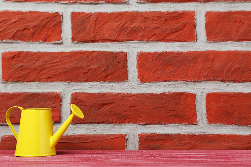 Yellow watering can on the brick wall background