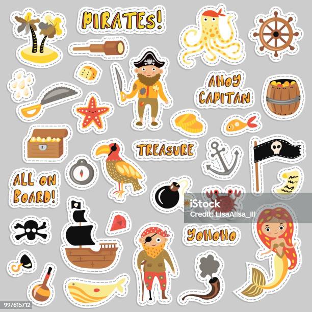 Set Of Pirates Vector Cartoon Stickers Adventures And Pirate Party Sticker  For Kindergarten Children Adventure Treasure