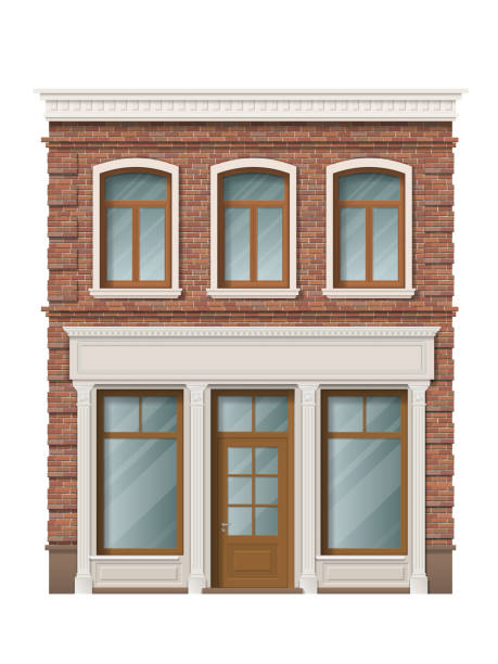 오래 된 벽돌 주거 건물 외관 - store downtown district building exterior facade stock illustrations