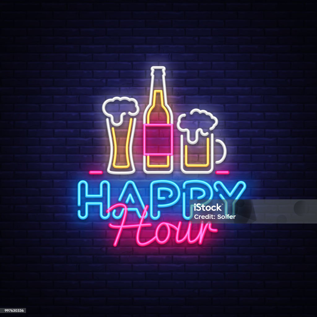 Happy Hour neon sign vector. Happy Hour Design template neon sign, Night Dinner, celebration light banner, neon signboard, nightly bright advertising, light inscription. Vector illustration Happy Hour neon sign vector. Happy Hour Design template neon sign, Night Dinner, celebration light banner, neon signboard, nightly bright advertising, light inscription. Vector illustration. Happy Hour stock vector