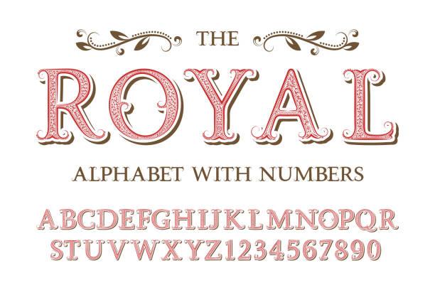 königliche alphabet mit zahlen in alten englischen vintage-stil. - königshaus stock-grafiken, -clipart, -cartoons und -symbole