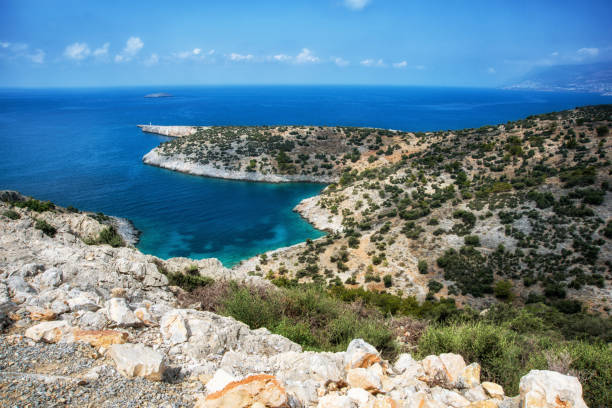 Beautiful calm bay with pine trees and blue clear sea at warm sunny summer day. Mediterranean sea, Turkey. Beautiful calm bay with pine trees and blue clear sea at warm sunny summer day. Mediterranean sea, Turkey. View from above. cusp stock pictures, royalty-free photos & images