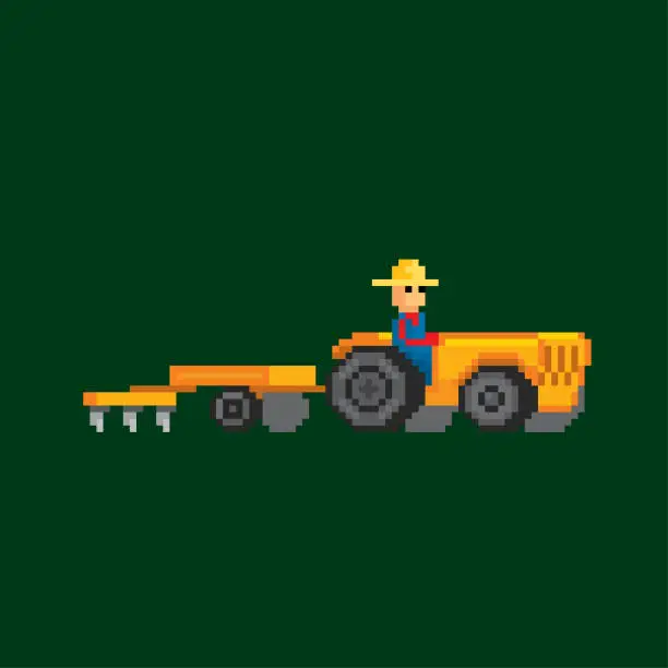 Vector illustration of Farm tractor. Agricultural machinery. Old school computer graphic style. Decorative element design for logo, sticker, web, mobile app. Game assets 8-bit sprite