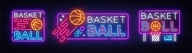 Basketball neon sign collection vector. Basketball Design template neon sign, light banner, neon signboard, nightly bright advertising, light inscription. Vector illustration.