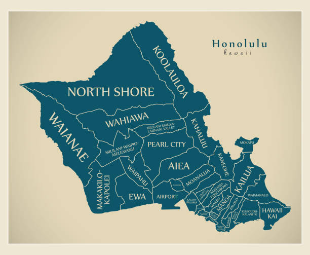 stockillustraties, clipart, cartoons en iconen met plattegrond van de moderne stad - honolulu hawaï stad van de v.s. met buurten en titels - oahu