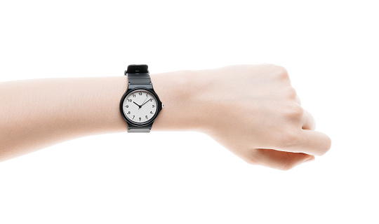 Hand with watch  isolated on white background