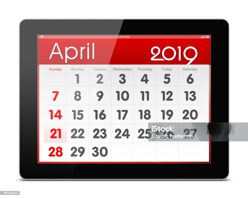 April 2019 year Calender on digital tablet isolated (Clipping path) Calendar Stock Photo