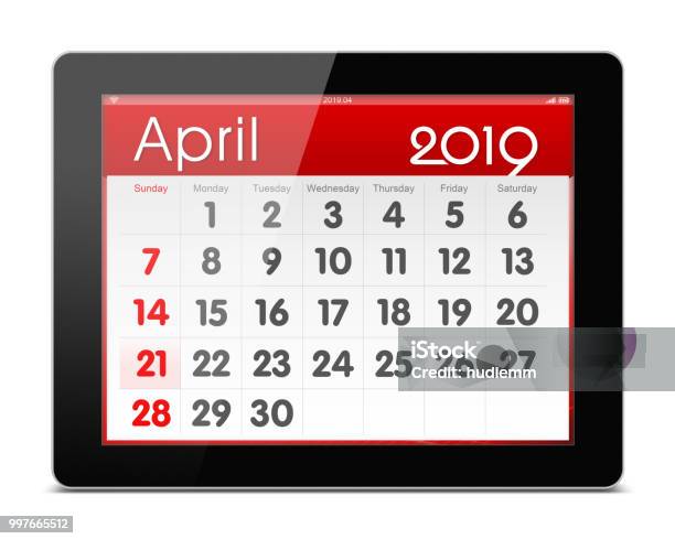 April 2019 Year Calender On Digital Tablet Isolated Stock Photo - Download Image Now