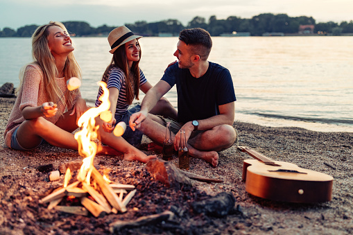 Shot of a group of cheerful young friends holding up marshmallows on sticks over a fire by the river