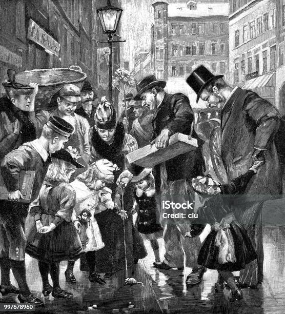 Toy Vendor In The Street Stock Illustration - Download Image Now - Market Vendor, Women, 1890-1899