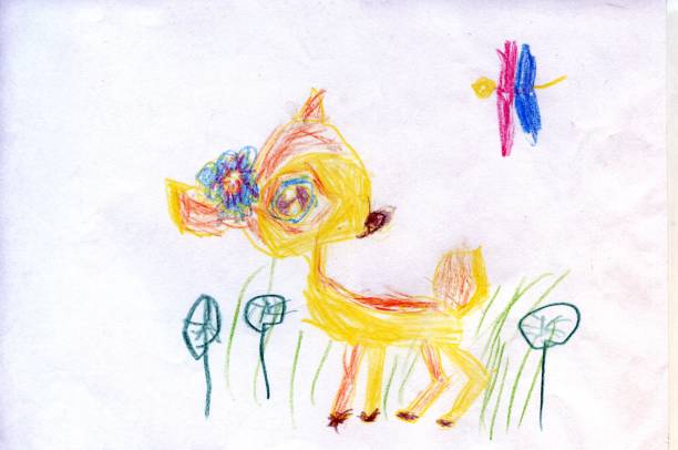 istock a deer and a butterfly in a clearing. Children's drawings 997679444