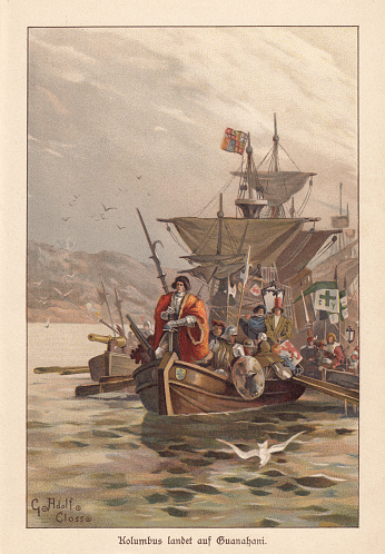 Landing of Christopher Columbus at the Island of Guanahani, West Indies (area of today's Bahamas), on October, 12, 1492, where he first entered the soil of America. Lithograph after a drawing by Gustav Adolf Closs (German painter, 1864 - 1938), published around 1895.