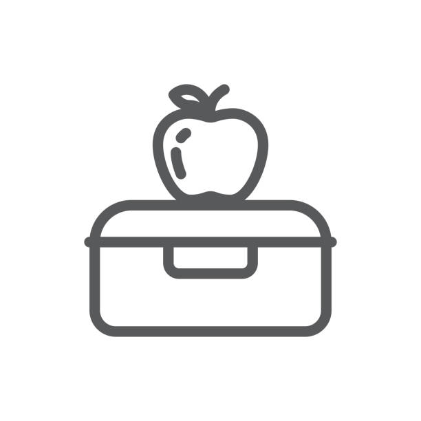 bildbanksillustrationer, clip art samt tecknat material och ikoner med plast lunch låda med apple för skolan eller arbeta friska paus pixel perfekta linjen ikonen med redigerbara stroke. - matlåda
