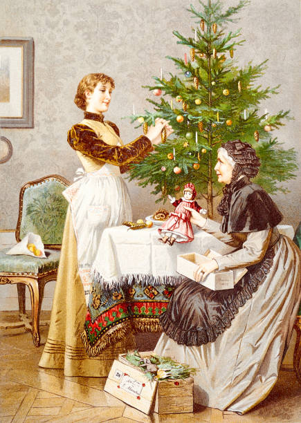 ilustrações, clipart, desenhos animados e ícones de mãe e filha preparam a árvore de natal - built structure germany history 19th century style