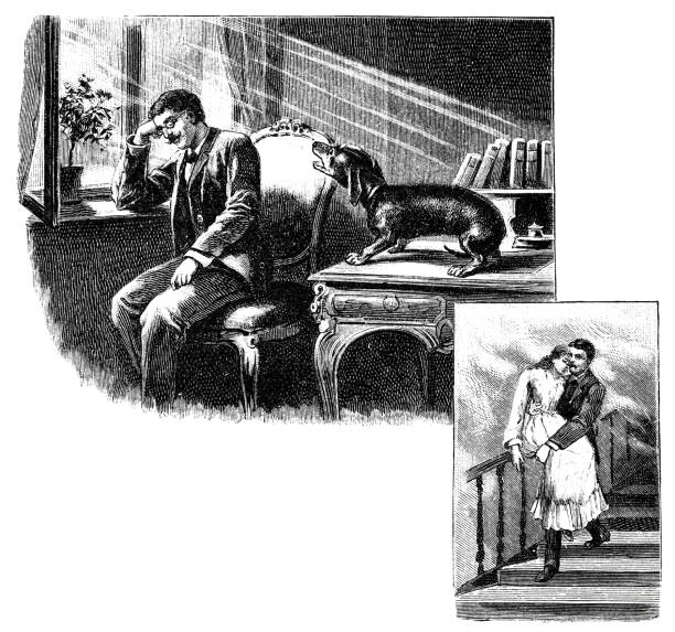 ilustraciones, imágenes clip art, dibujos animados e iconos de stock de hombre sentado en la ventana y dachshund en mesa ladrando - dachshund dog sadness sitting