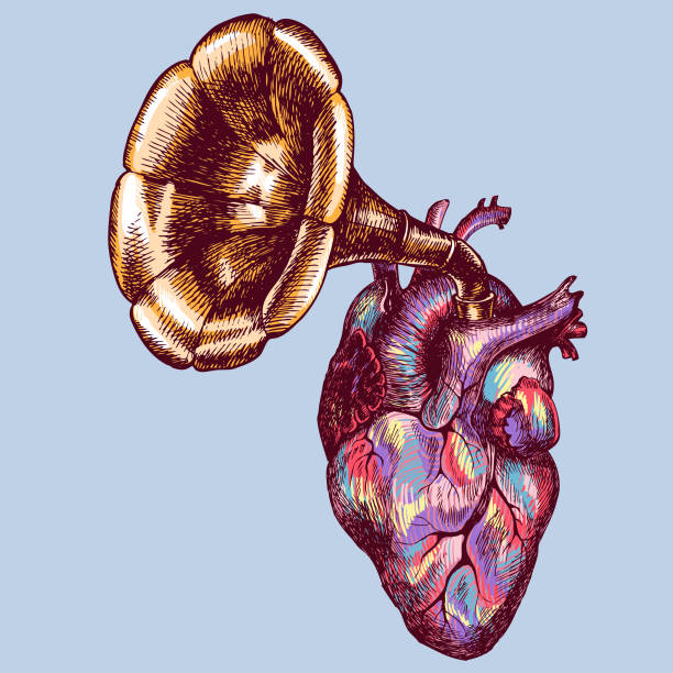 illustrations, cliparts, dessins animés et icônes de musique du cœur. main sur vector illustration symbolique avec un cœur d’homme et un tube de gramophone. - poetic