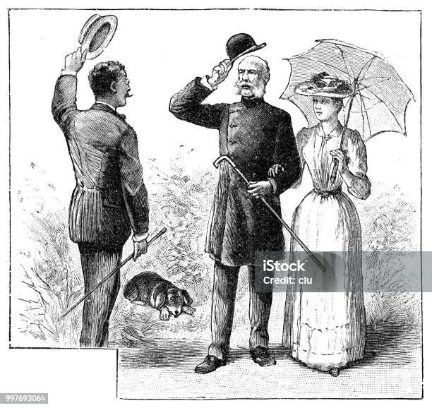 Man Lifts His Hat And Greets A Couple On A Summer Walk Stock Illustration - Download Image Now