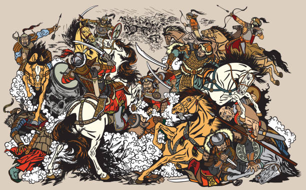 아시아 nomans 부족 간의 전투 - knight warrior horse independent mongolia stock illustrations