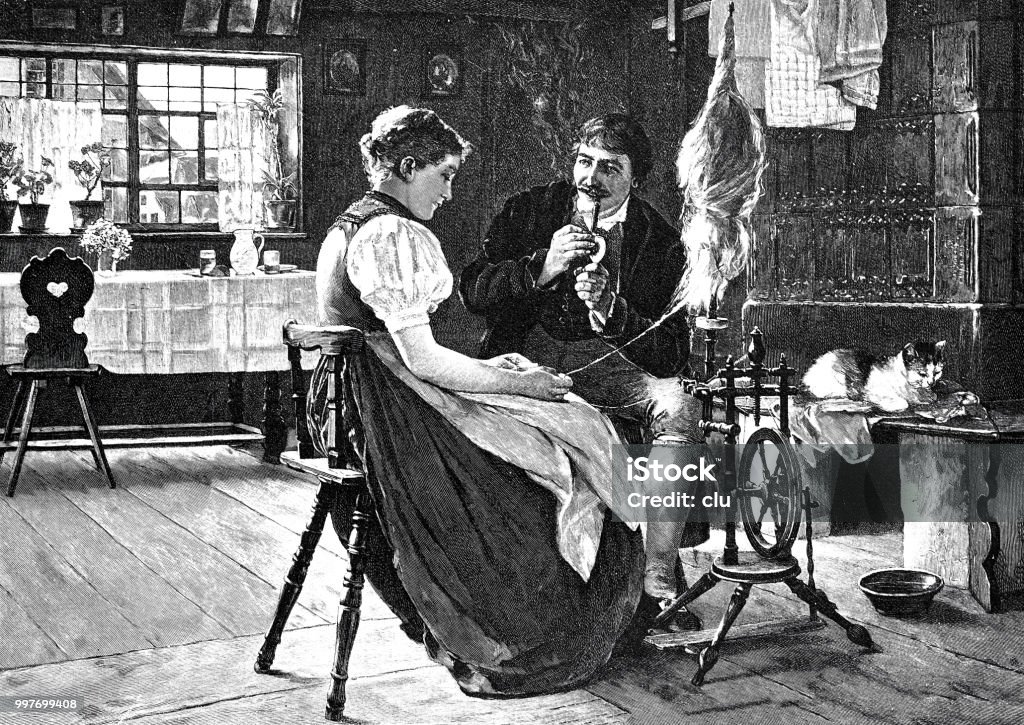 Friend watches the woman spinning in the living room Illustration from 19th century 1890-1899 stock illustration
