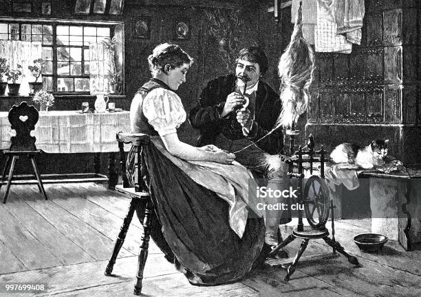 Friend Watches The Woman Spinning In The Living Room Stock Illustration - Download Image Now