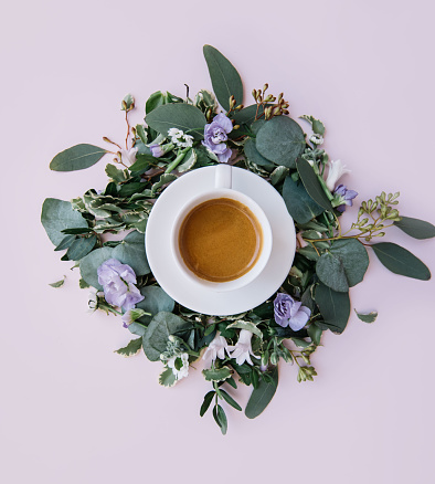 Delicious fresh morning espresso coffee in a white cup with a saucer standing in the middle of a nest made of eucalyptus leave and little flowers, on the pastel pink background, flat lay, top view